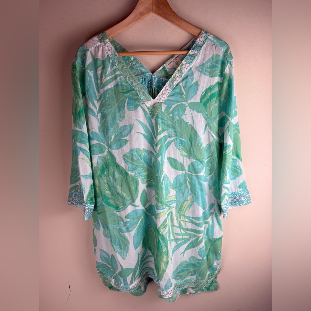 Christian Siriano Tropical Print‎ Tunic Green Blue Silver Sz Med.  Swim Vacation